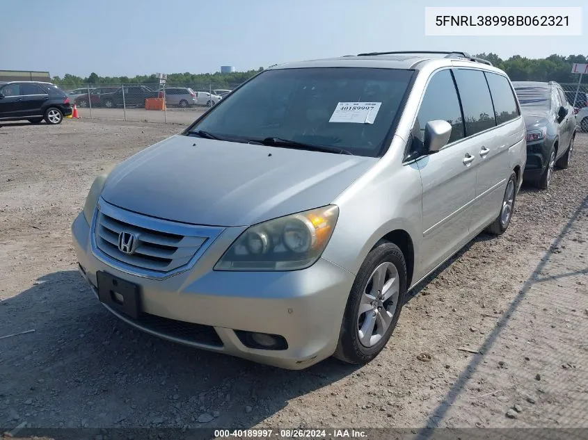 2008 Honda Odyssey Touring VIN: 5FNRL38998B062321 Lot: 40189997