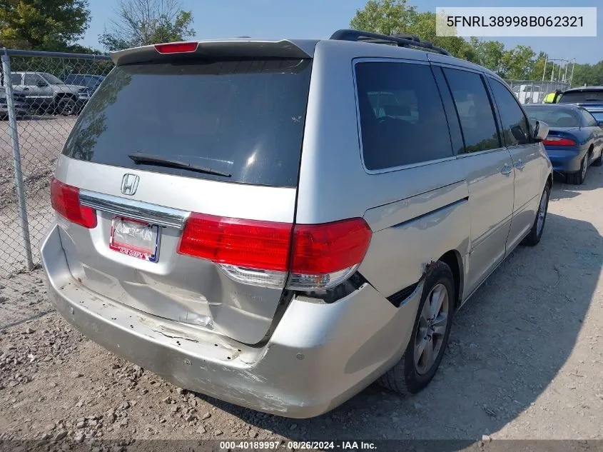 2008 Honda Odyssey Touring VIN: 5FNRL38998B062321 Lot: 40189997