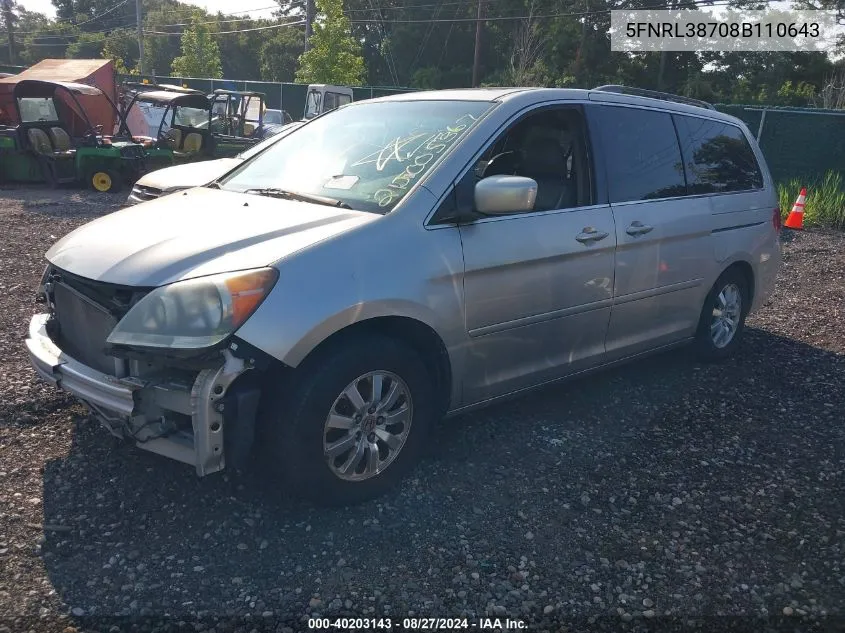 2008 Honda Odyssey Ex-L VIN: 5FNRL38708B110643 Lot: 40203143