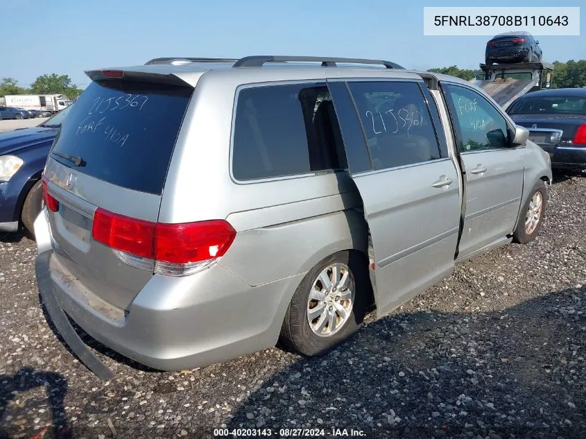 2008 Honda Odyssey Ex-L VIN: 5FNRL38708B110643 Lot: 40203143