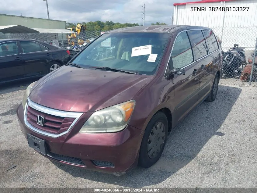 2008 Honda Odyssey Lx VIN: 5FNRL38248B103327 Lot: 40240066