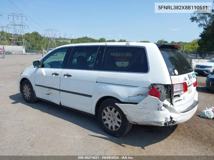 2008 Honda Odyssey Lx VIN: 5FNRL382X8B110511 Lot: 40274621