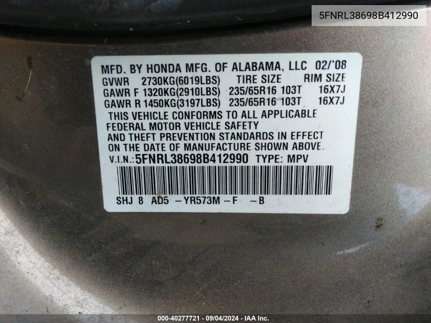 5FNRL38698B412990 2008 Honda Odyssey Ex-L