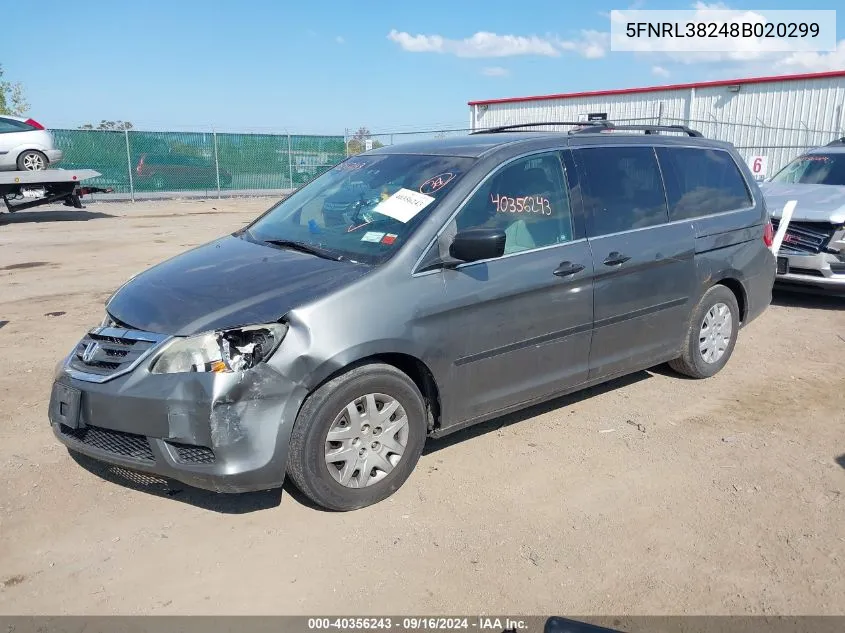 2008 Honda Odyssey Lx VIN: 5FNRL38248B020299 Lot: 40356243