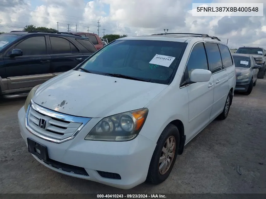 2008 Honda Odyssey Ex-L VIN: 5FNRL387X8B400548 Lot: 40410243