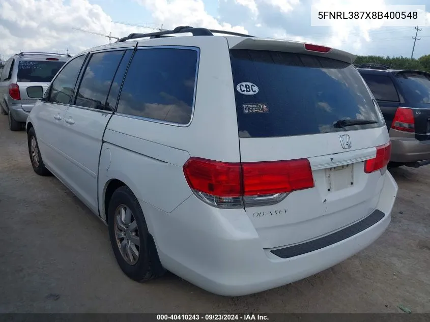 2008 Honda Odyssey Ex-L VIN: 5FNRL387X8B400548 Lot: 40410243