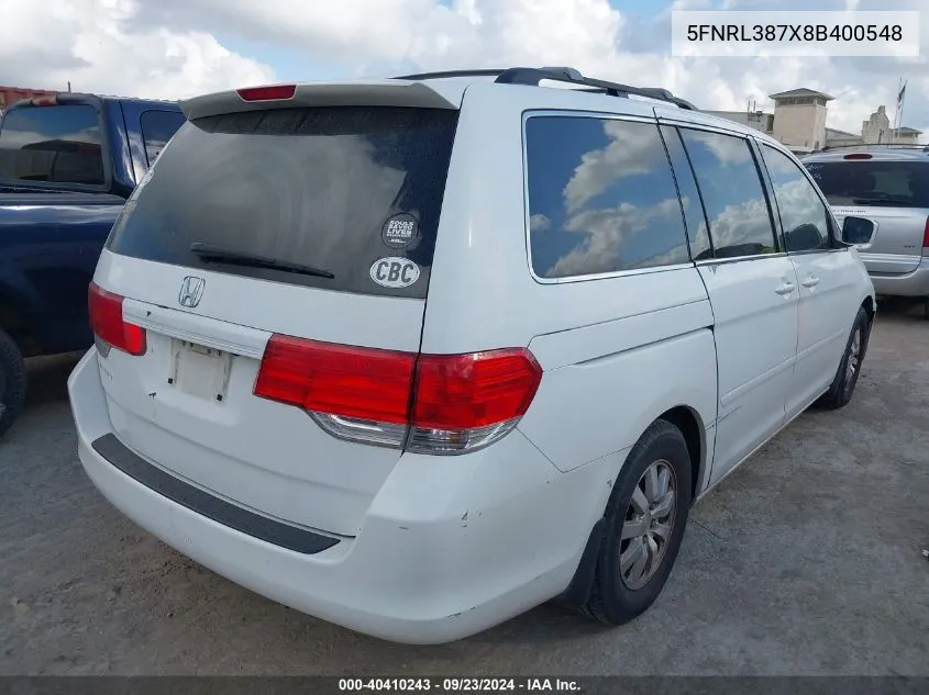 2008 Honda Odyssey Ex-L VIN: 5FNRL387X8B400548 Lot: 40410243