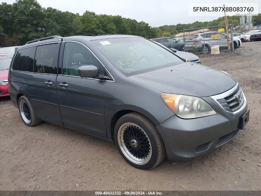 2008 Honda Odyssey Ex-L VIN: 5FNRL387X8B083760 Lot: 40432232