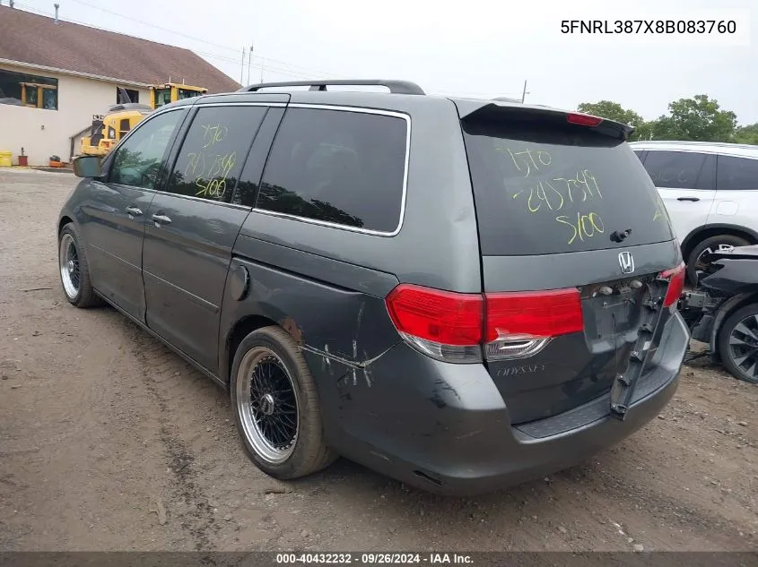 2008 Honda Odyssey Ex-L VIN: 5FNRL387X8B083760 Lot: 40432232