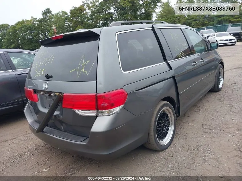 5FNRL387X8B083760 2008 Honda Odyssey Ex-L