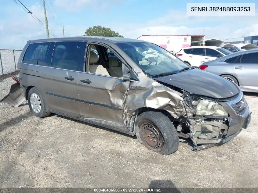 2008 Honda Odyssey Lx VIN: 5FNRL38248B093253 Lot: 40436558