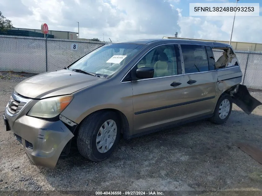 2008 Honda Odyssey Lx VIN: 5FNRL38248B093253 Lot: 40436558