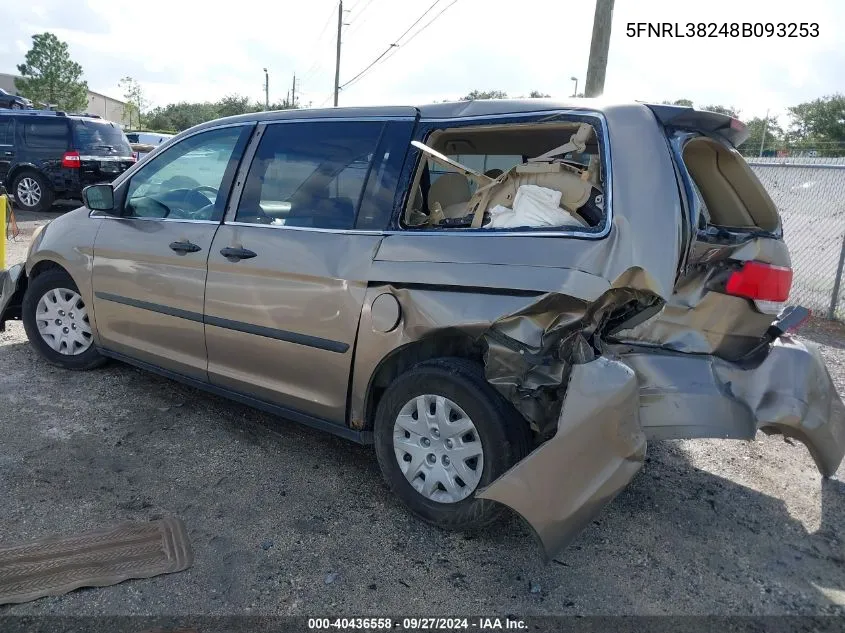 2008 Honda Odyssey Lx VIN: 5FNRL38248B093253 Lot: 40436558