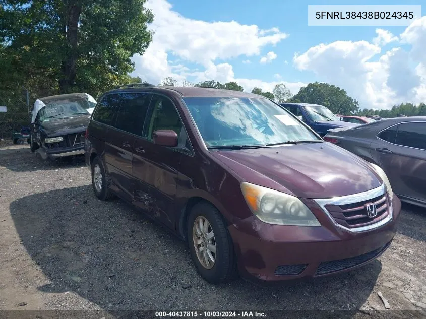 2008 Honda Odyssey Ex VIN: 5FNRL38438B024345 Lot: 40437815