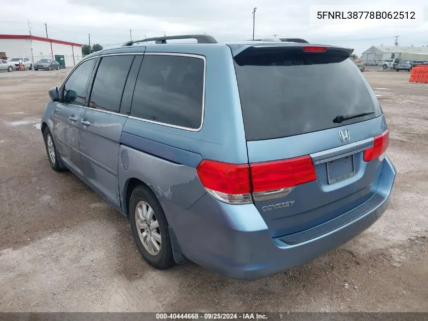 2008 Honda Odyssey Ex-L VIN: 5FNRL38778B062512 Lot: 40444668