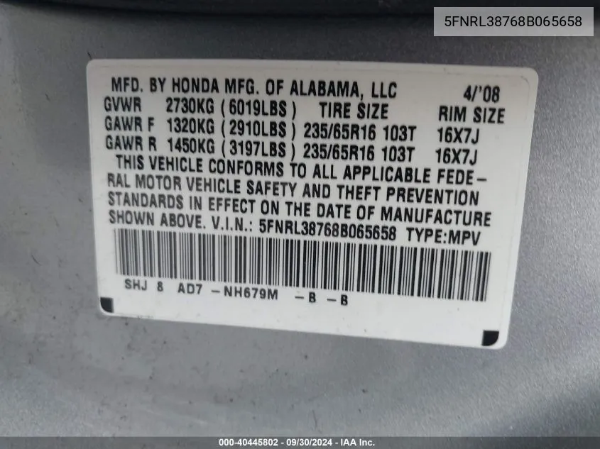 5FNRL38768B065658 2008 Honda Odyssey Ex-L