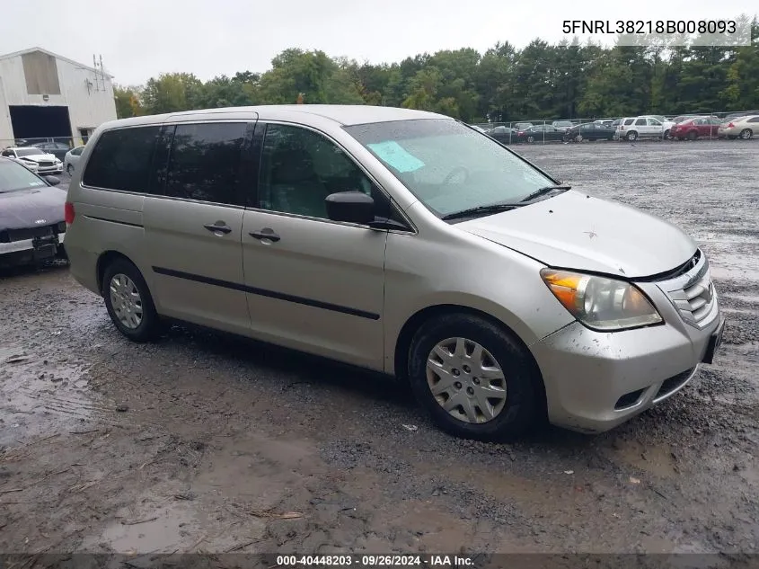 2008 Honda Odyssey Lx VIN: 5FNRL38218B008093 Lot: 40448203