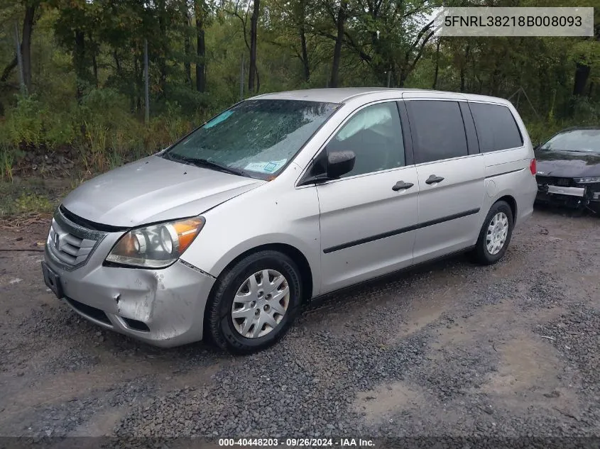 2008 Honda Odyssey Lx VIN: 5FNRL38218B008093 Lot: 40448203