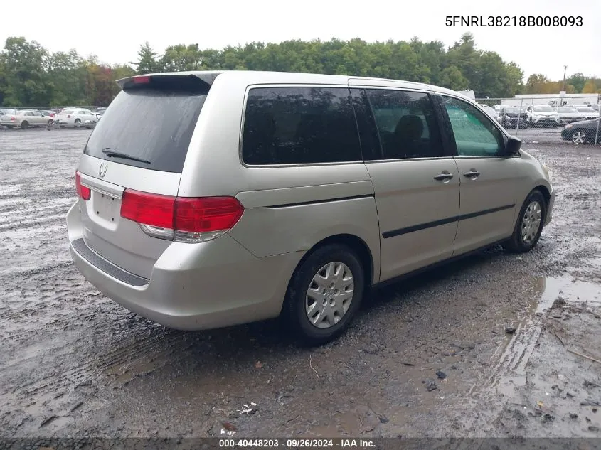 2008 Honda Odyssey Lx VIN: 5FNRL38218B008093 Lot: 40448203