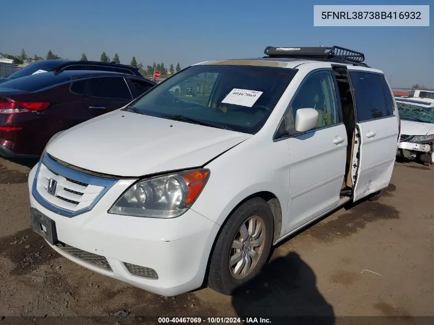 2008 Honda Odessey Lxp VIN: 5FNRL38738B416932 Lot: 40467069