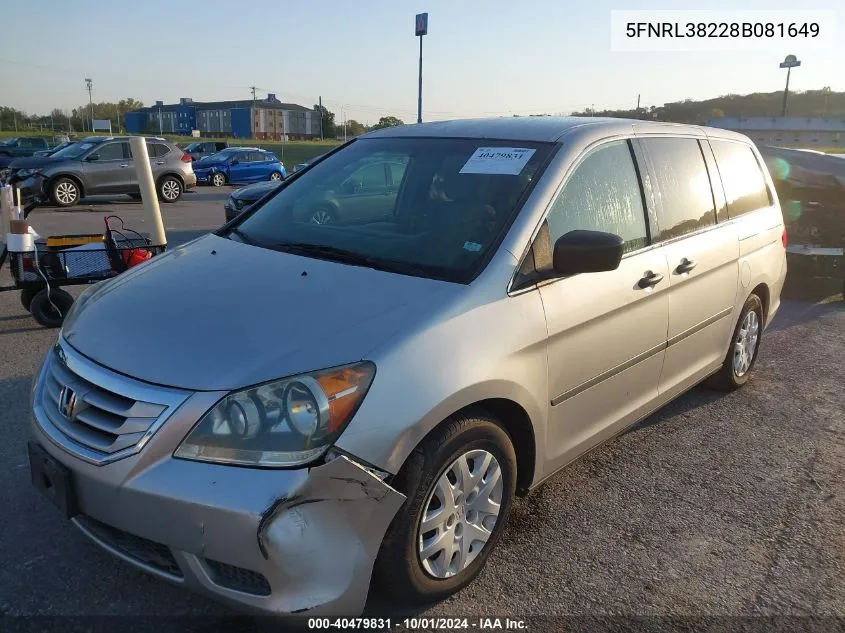 2008 Honda Odyssey Lx VIN: 5FNRL38228B081649 Lot: 40479831