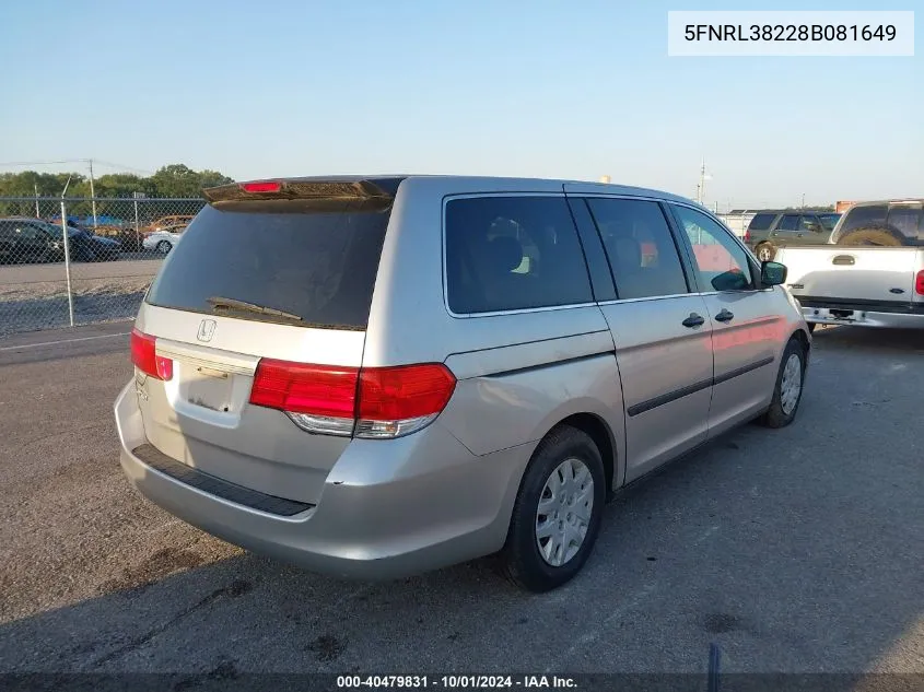 2008 Honda Odyssey Lx VIN: 5FNRL38228B081649 Lot: 40479831