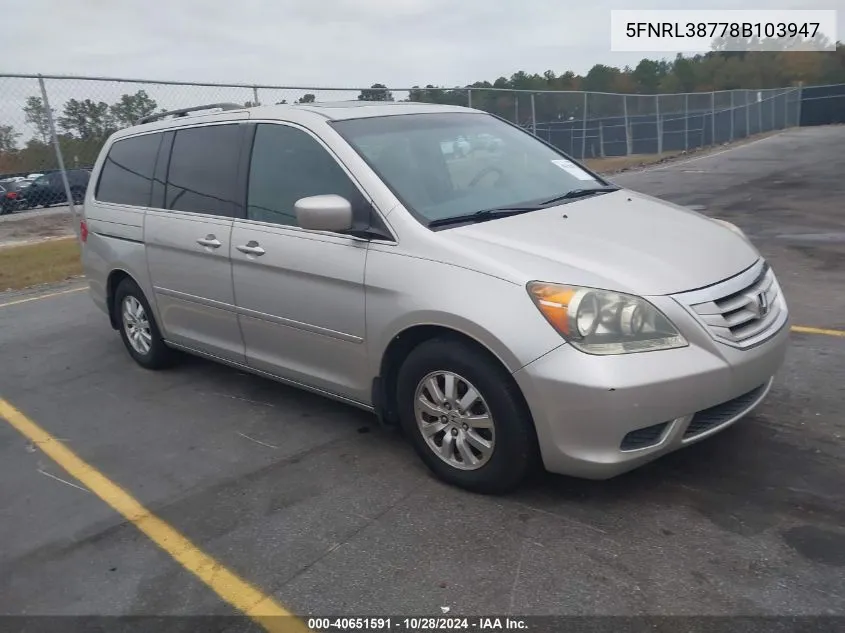 2008 Honda Odyssey Exl VIN: 5FNRL38778B103947 Lot: 40651591