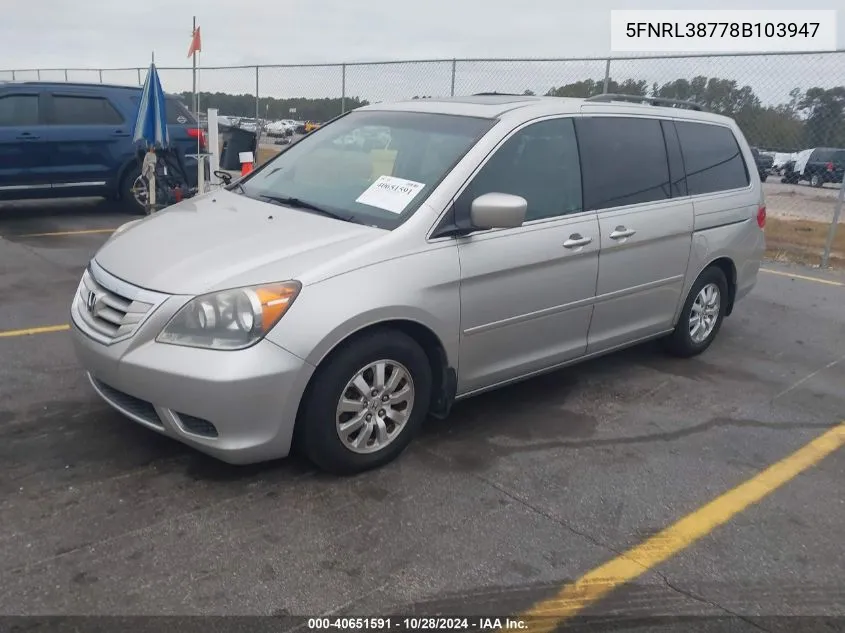 2008 Honda Odyssey Exl VIN: 5FNRL38778B103947 Lot: 40651591