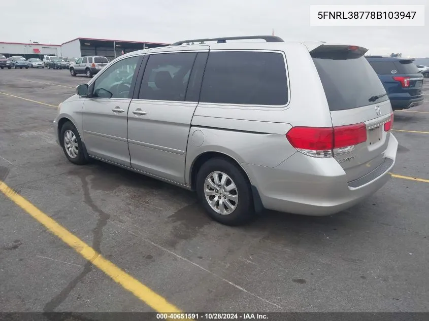 2008 Honda Odyssey Exl VIN: 5FNRL38778B103947 Lot: 40651591