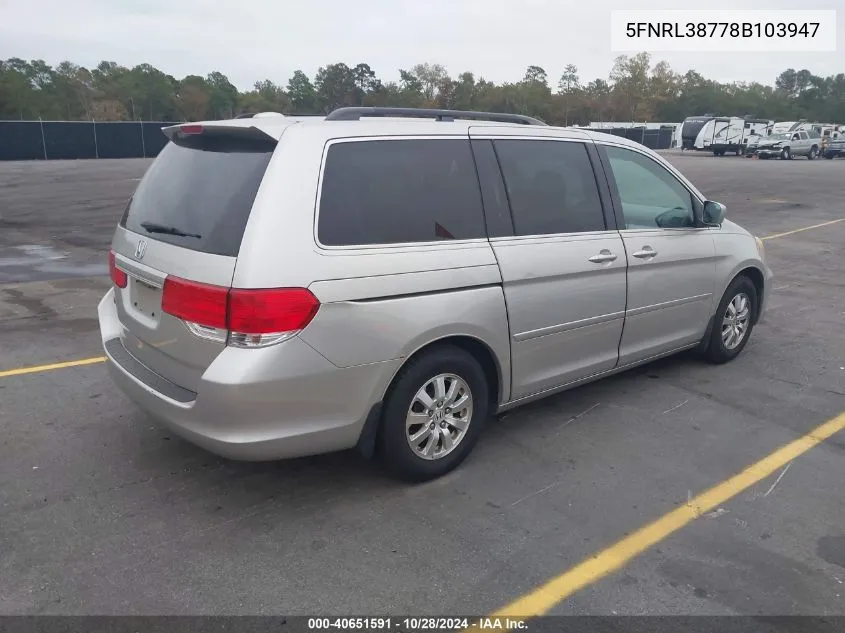 2008 Honda Odyssey Exl VIN: 5FNRL38778B103947 Lot: 40651591