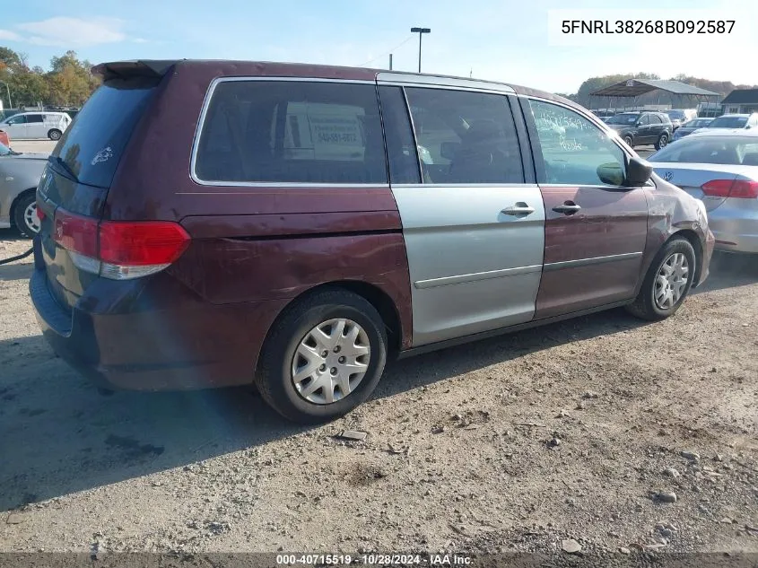 2008 Honda Odyssey Lx VIN: 5FNRL38268B092587 Lot: 40715519