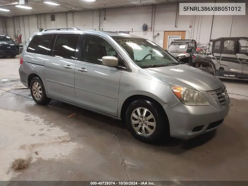 2008 Honda Odyssey Ex-L VIN: 5FNRL386X8B051012 Lot: 40729374