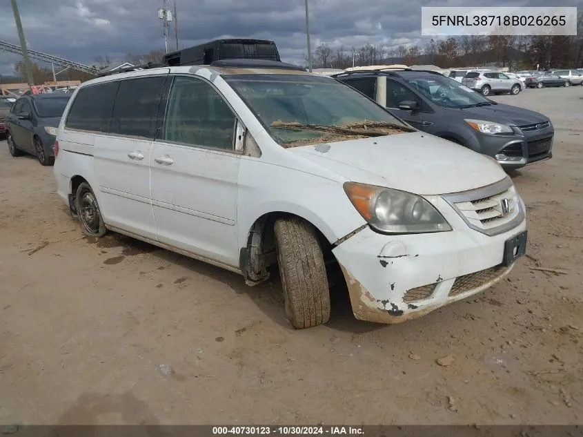 2008 Honda Odyssey Ex-L VIN: 5FNRL38718B026265 Lot: 40730123