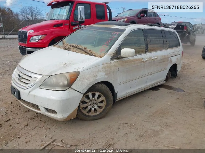 2008 Honda Odyssey Ex-L VIN: 5FNRL38718B026265 Lot: 40730123