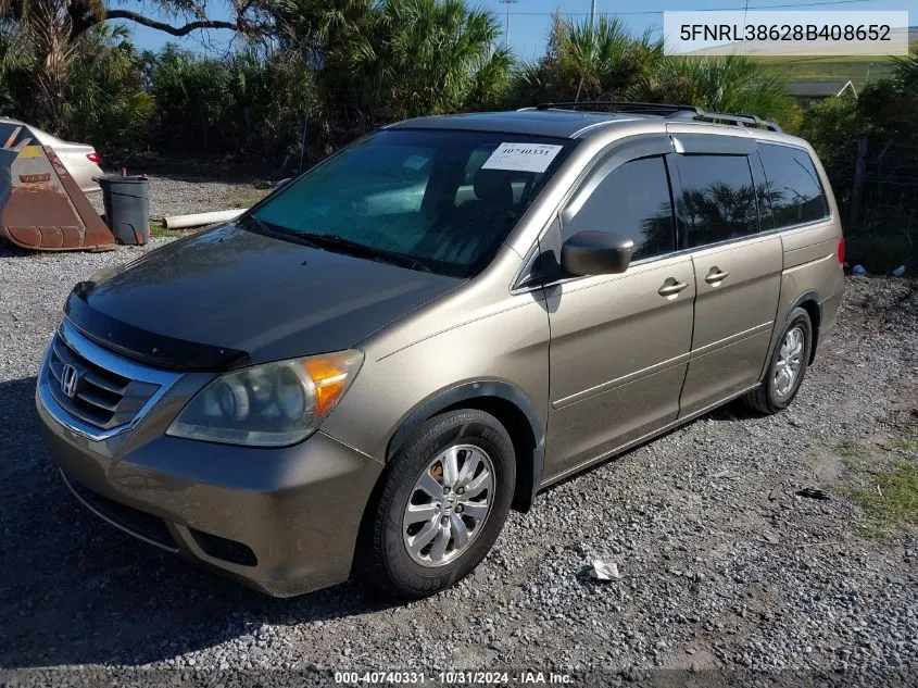 2008 Honda Odyssey Ex-L VIN: 5FNRL38628B408652 Lot: 40740331