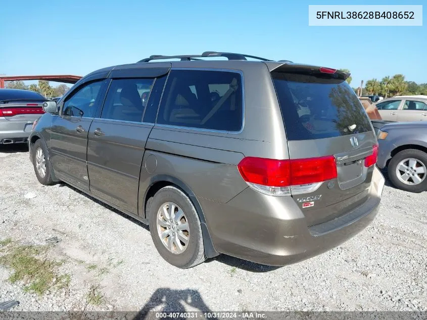 2008 Honda Odyssey Ex-L VIN: 5FNRL38628B408652 Lot: 40740331