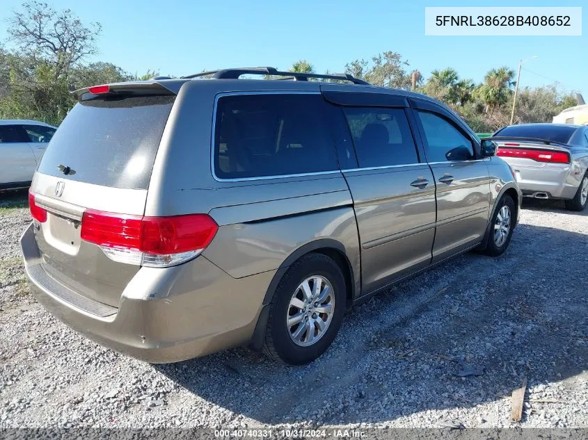 2008 Honda Odyssey Ex-L VIN: 5FNRL38628B408652 Lot: 40740331