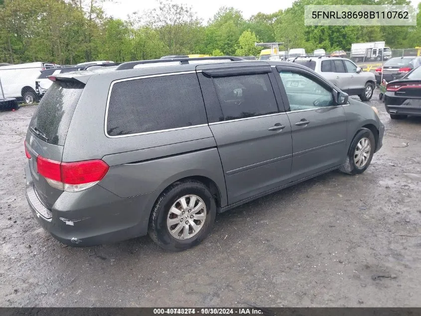 2008 Honda Odyssey Ex-L VIN: 5FNRL38698B110762 Lot: 40743274