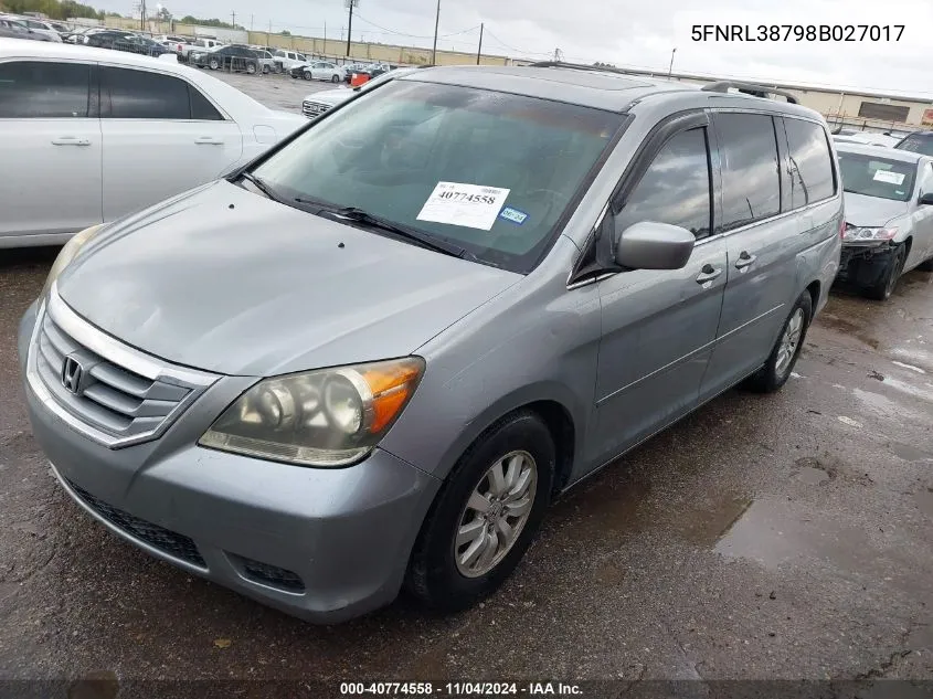 2008 Honda Odyssey Ex-L VIN: 5FNRL38798B027017 Lot: 40774558