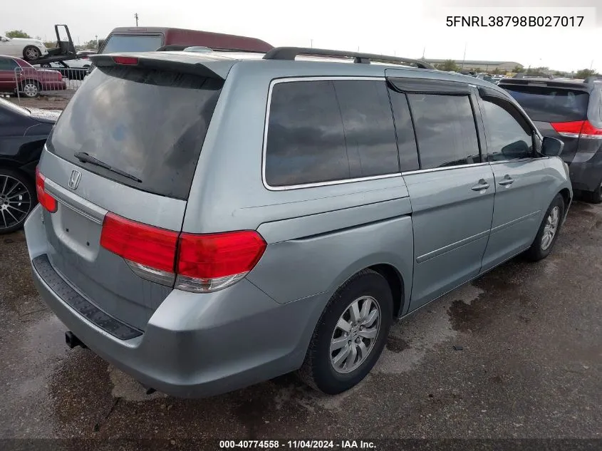 2008 Honda Odyssey Ex-L VIN: 5FNRL38798B027017 Lot: 40774558