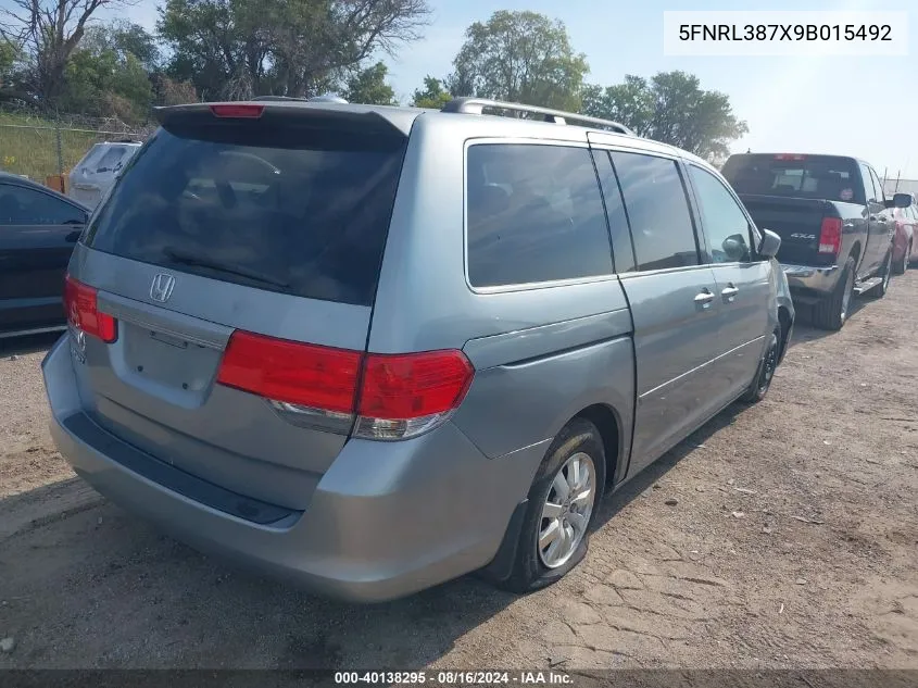 2009 Honda Odyssey Ex-L VIN: 5FNRL387X9B015492 Lot: 40138295