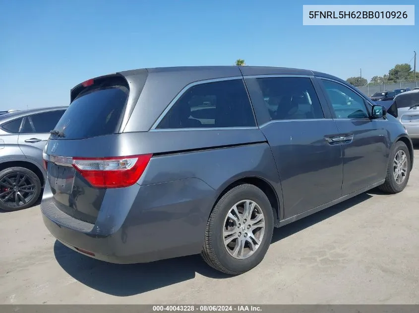 2011 Honda Odyssey Ex-L VIN: 5FNRL5H62BB010926 Lot: 40043228