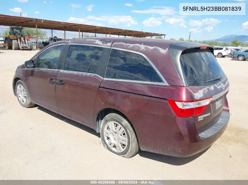 2011 Honda Odyssey Lx VIN: 5FNRL5H23BB081839 Lot: 40288456