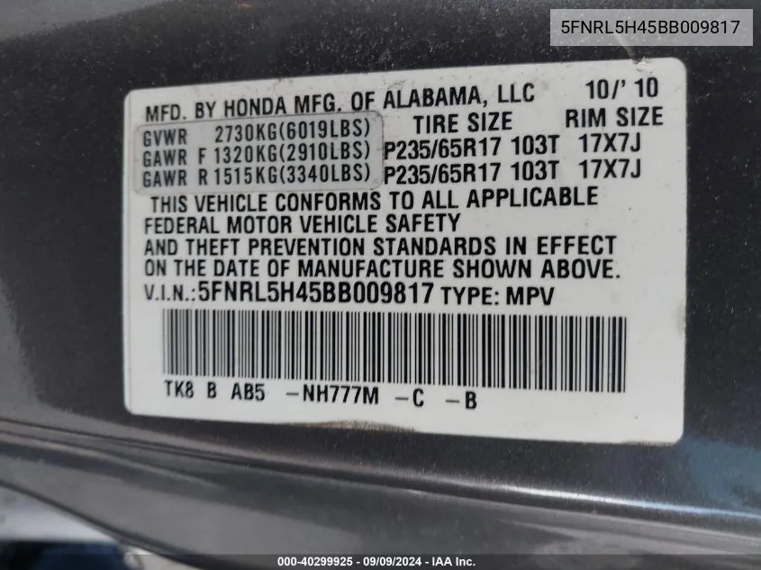 5FNRL5H45BB009817 2011 Honda Odyssey Ex