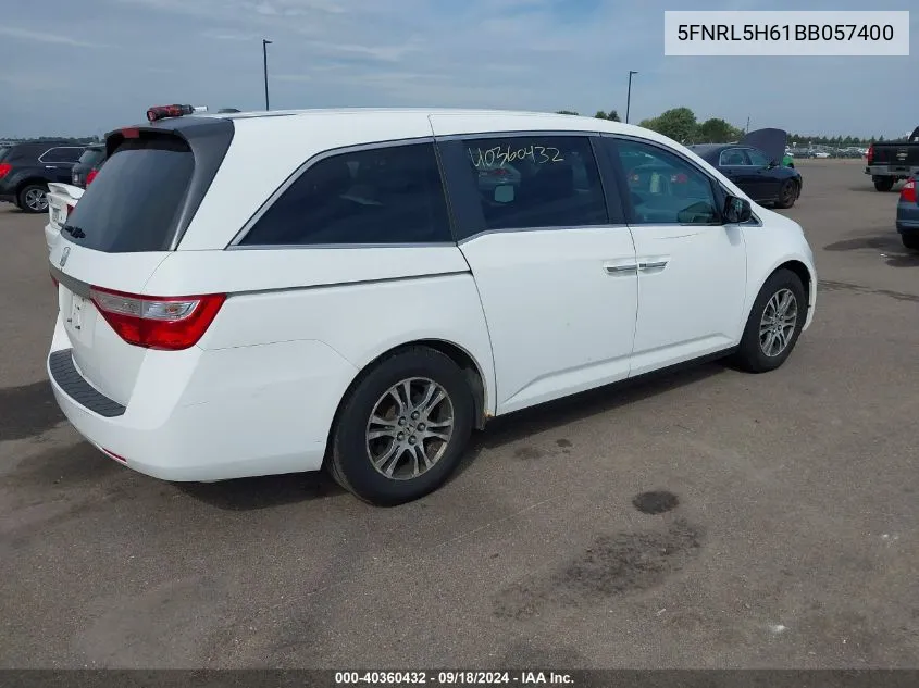 2011 Honda Odyssey Exl VIN: 5FNRL5H61BB057400 Lot: 40360432