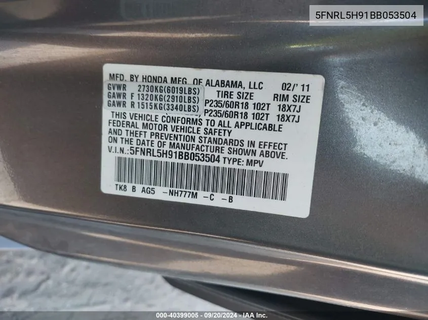 5FNRL5H91BB053504 2011 Honda Odyssey Touring/Touring Elite