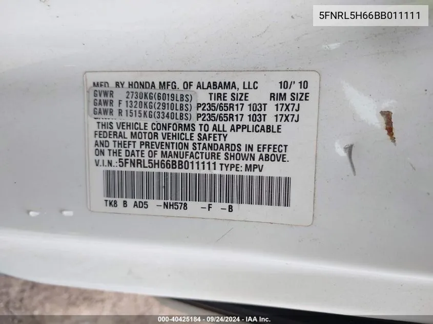 5FNRL5H66BB011111 2011 Honda Odyssey Ex-L