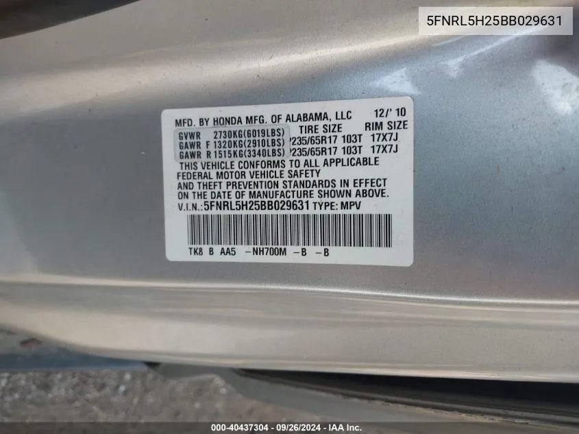 5FNRL5H25BB029631 2011 Honda Odyssey Lx