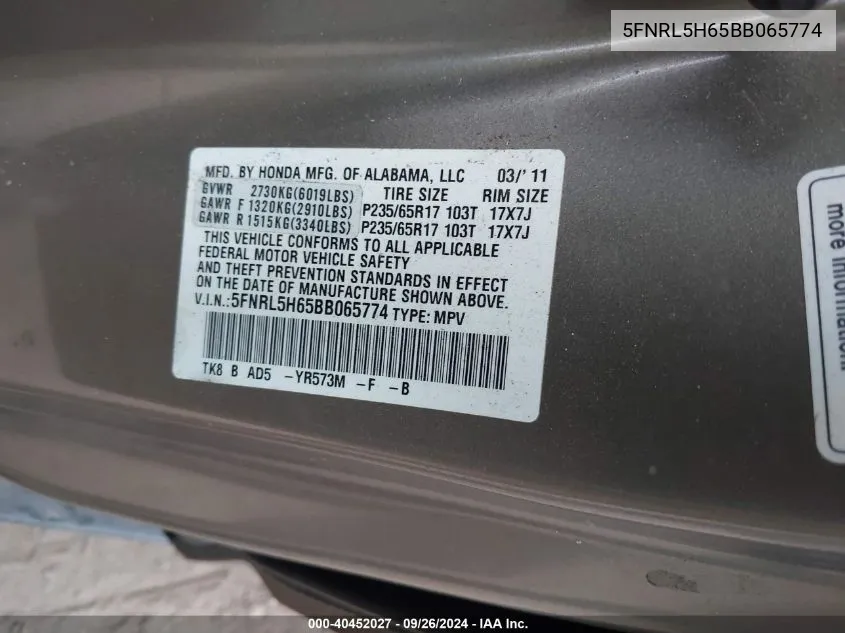 5FNRL5H65BB065774 2011 Honda Odyssey Ex-L