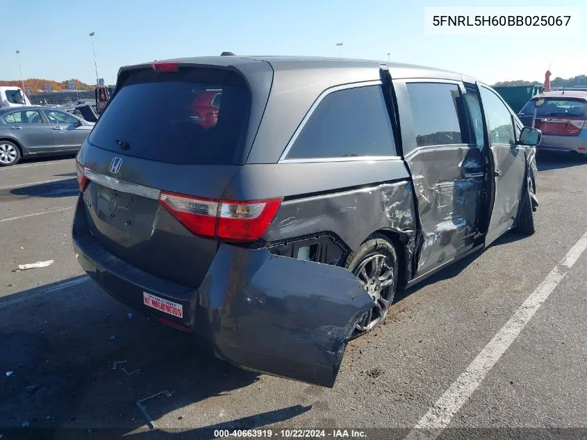 2011 Honda Odyssey Ex-L VIN: 5FNRL5H60BB025067 Lot: 40663919